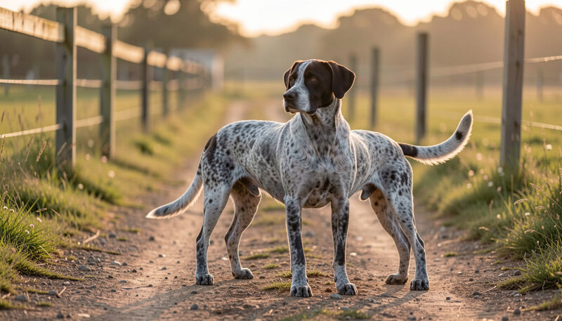 A blue speckled cattle dog standing alert on a farm track beside a fence at sunrise.