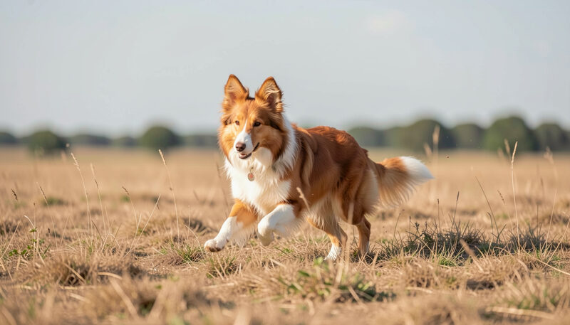 A red and tan kelpie running across dry paddock grass with ears up under a bright sky.