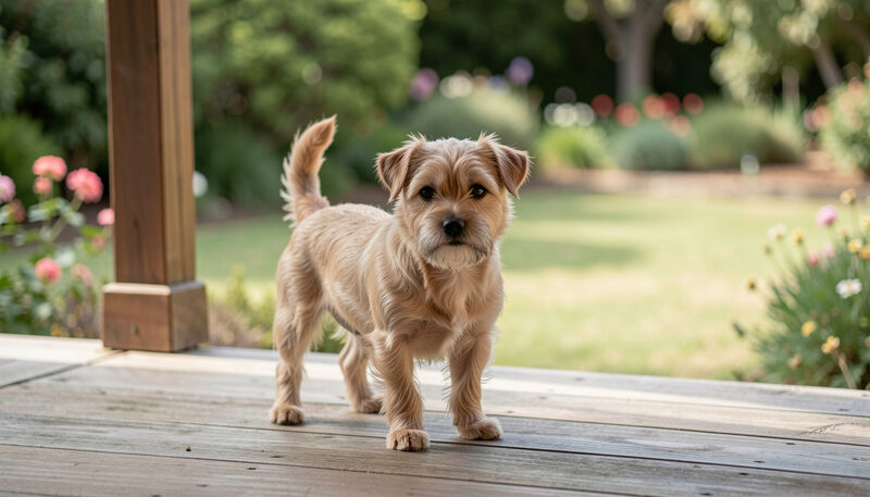 A small sandy Australian terrier standing on a wooden verandah with a garden behind.