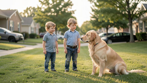 A family with two children meeting a calm golden retriever on a suburban lawn in soft afternoon light.