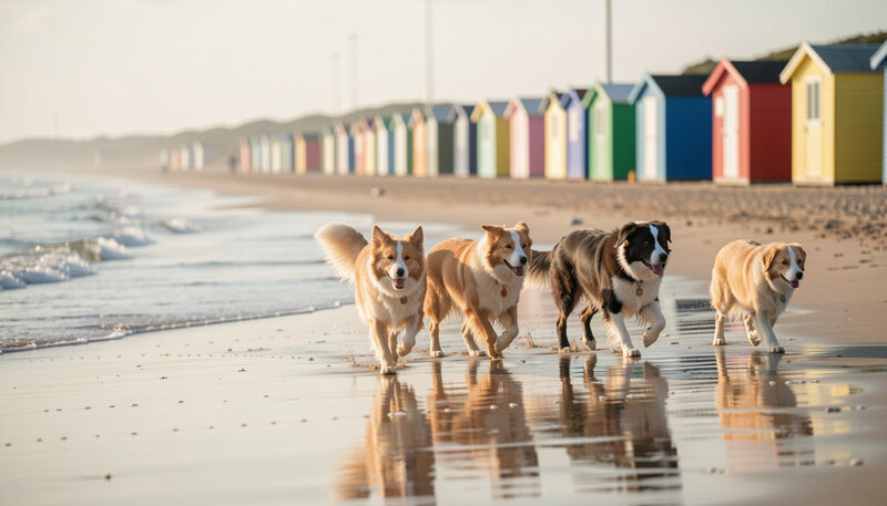 Dogs running off lead on wet sand near colourful bathing boxes in morning light.
