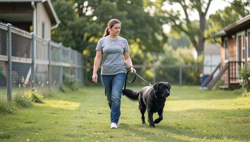 A volunteer walking a black shelter dog on a lead through a green rescue yard.