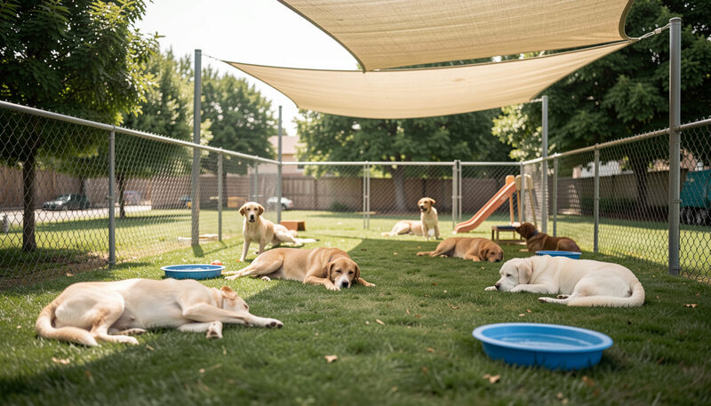 Dogs resting and playing in a fenced day care yard with shade sails and water bowls.