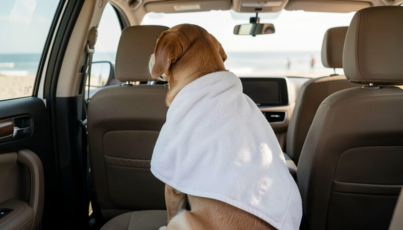 A dog with a towel over its back sitting in the back of a car after a beach walk.