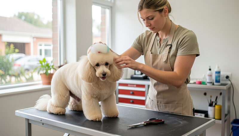 A groomer gently brushing a fluffy cream poodle on a table in a bright salon.
