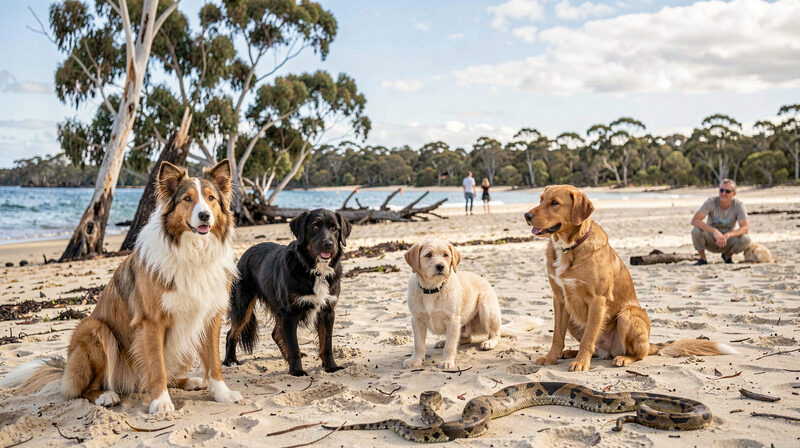 Four dogs sitting on an Australian beach with a carpet python on the sand and gum trees along the shore