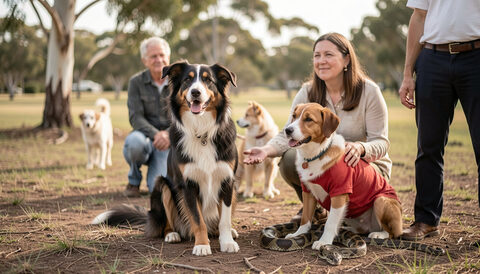 Owners resting with a border collie and a beagle in a red shirt beside a carpet python in a park