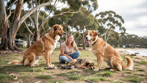 A woman kneeling on grass between two large tan dogs and a lying puppy near a beach reserve