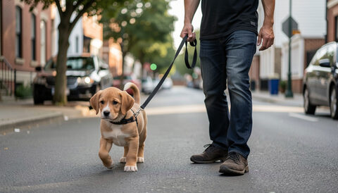 A puppy learning to walk on a loose lead beside a trainer in a quiet street.