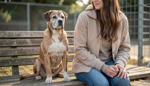 An older staffy sitting calmly beside an adopter on a shelter bench outdoors.