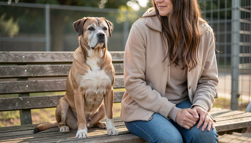 An older staffy sitting calmly beside an adopter on a shelter bench outdoors.