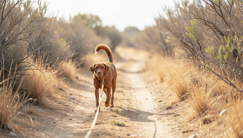 A brown dog on a lead walking a dusty bush trail with dry grass either side.