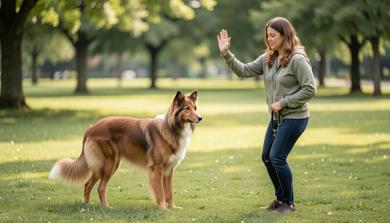A woman training a brown kelpie cross with a raised hand signal in a grassy park.