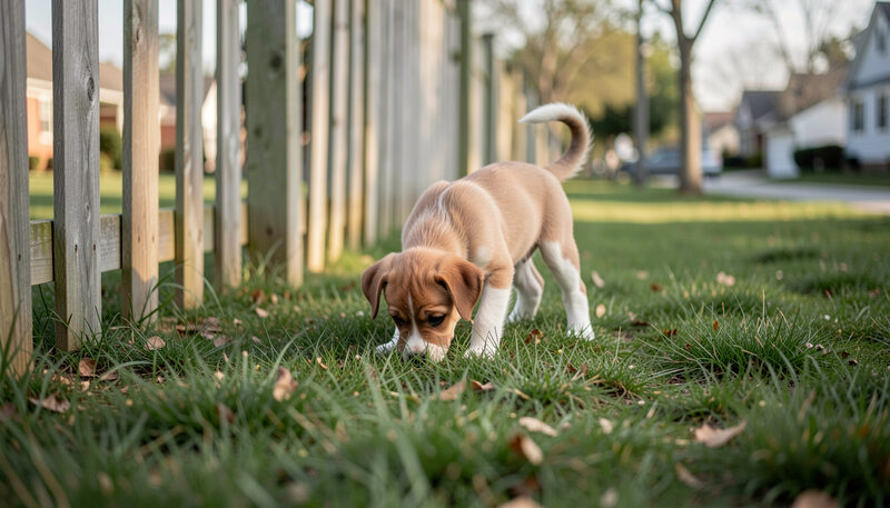 A small puppy sniffing grass near a back fence on a quiet suburban morning.